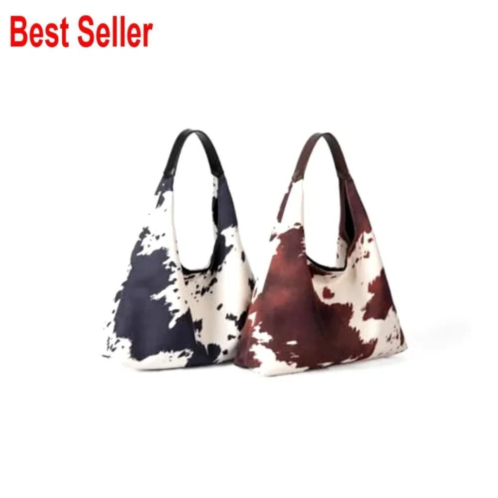 Suede Brown Cow Print Hobo Tote Bag Large Capacity